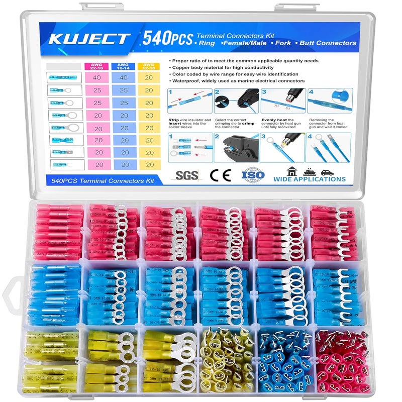 Kuject 540PCS Heat Shrink Wire Connectors Kit, Electrical Waterproof Crimp Butt Terminals, Insulated Spade Connectors for Automotive Marine Boat Truck, Include Rings Forks Spade Butt Splices - Image 1